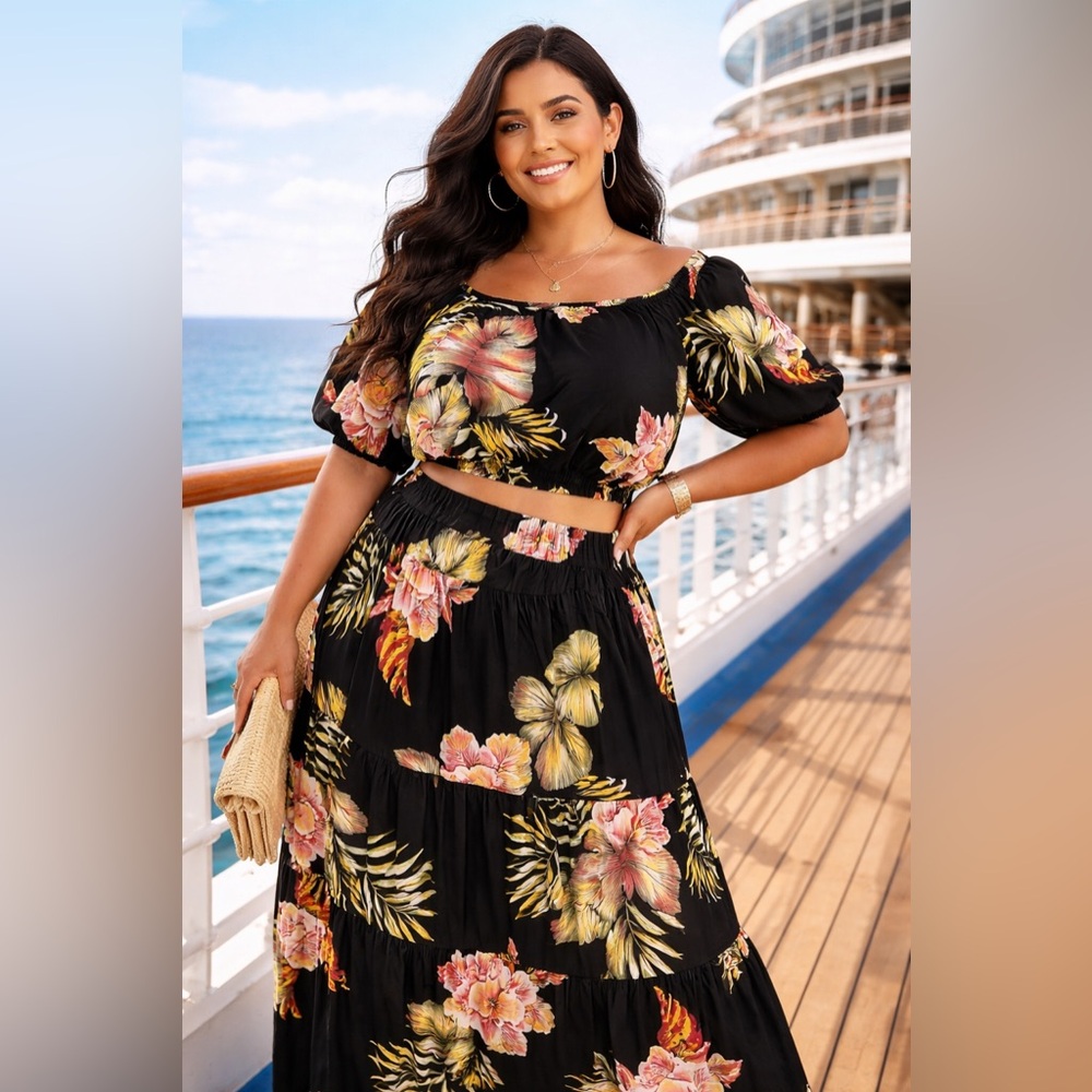 SHEIN Curve Tropical Floral 2 Piece Set Black Maxi Skirt Crop Top 14/16 1XL NWOT